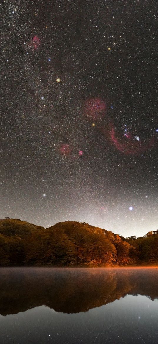 lake, reflection, forest, hills, starry sky, magellanic cloud, nature