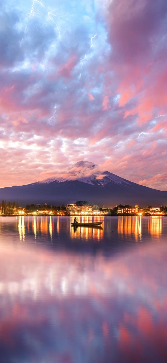 mount fuji, reflection, river, boat, japan, city, lights