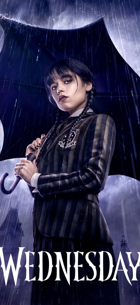 wednesday addams, series, umbrella, character, inscription, purple, black