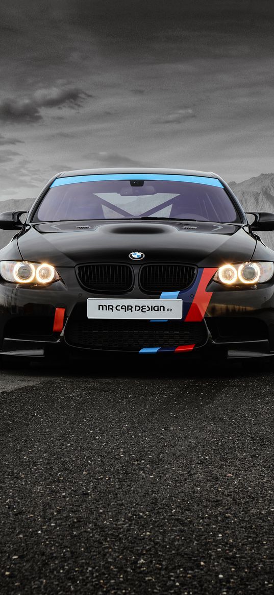 bmw m3, car, headlights, black, clouds, mountains