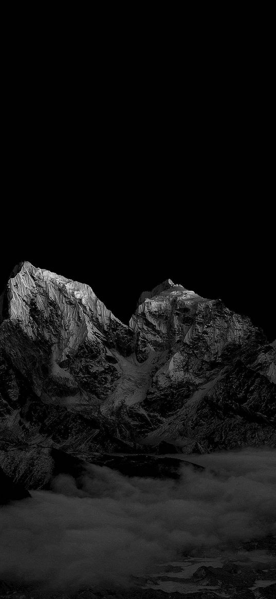 mountain, dark, snow, fog, black