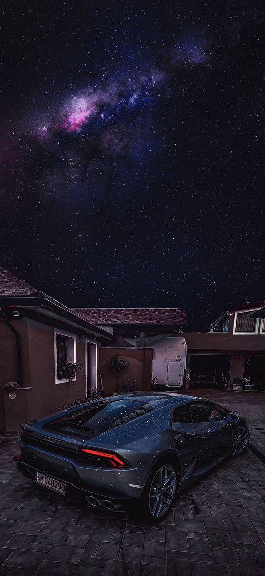 lamborghini, sports car, car, house, milky way, starry sky, stars, night