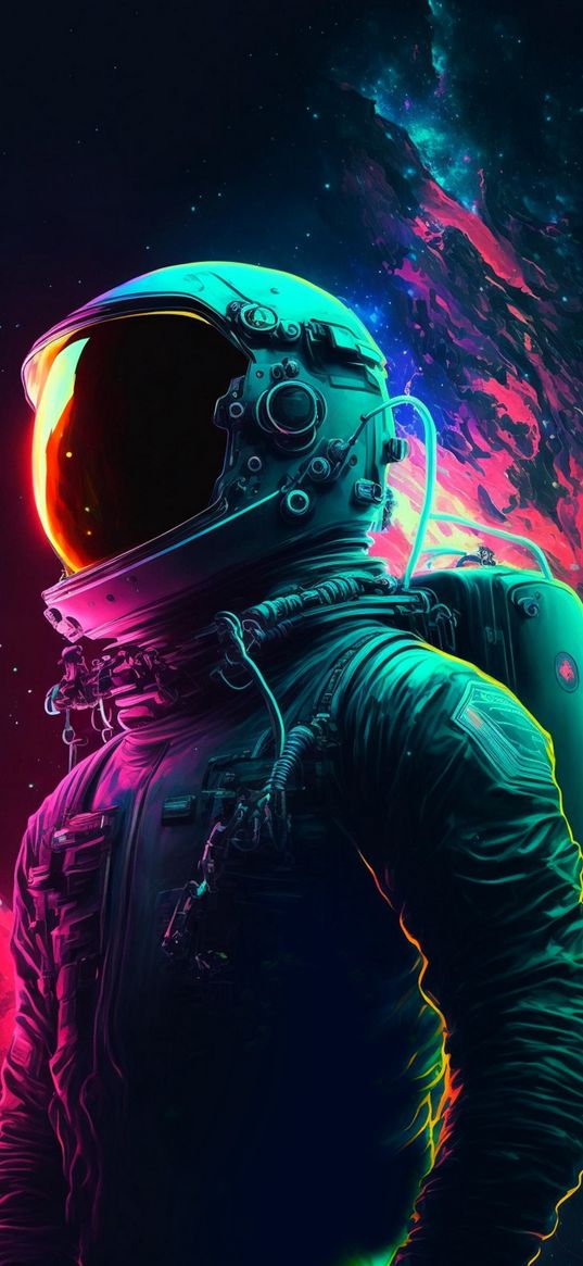 cosmonaut, nebula, stars, cosmos, glow, multicolored, art