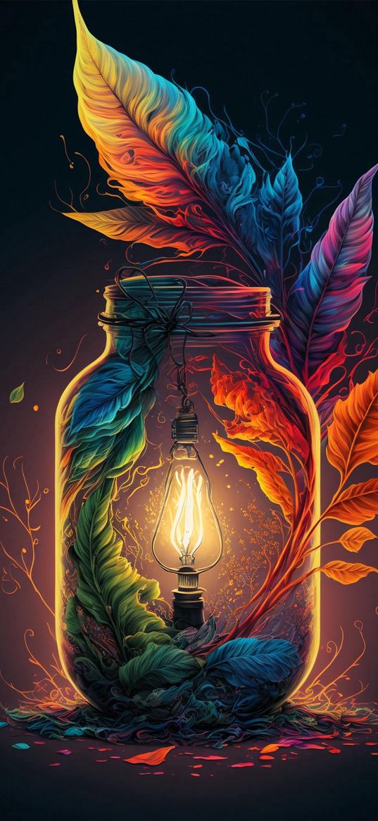 light bulb, jar, leaves, bright, colorful, multicolored, art, ai