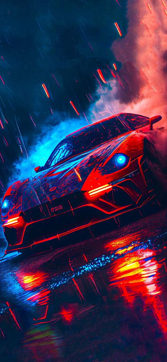 sports car, car, red, puddles, rain, smoke, art, ai