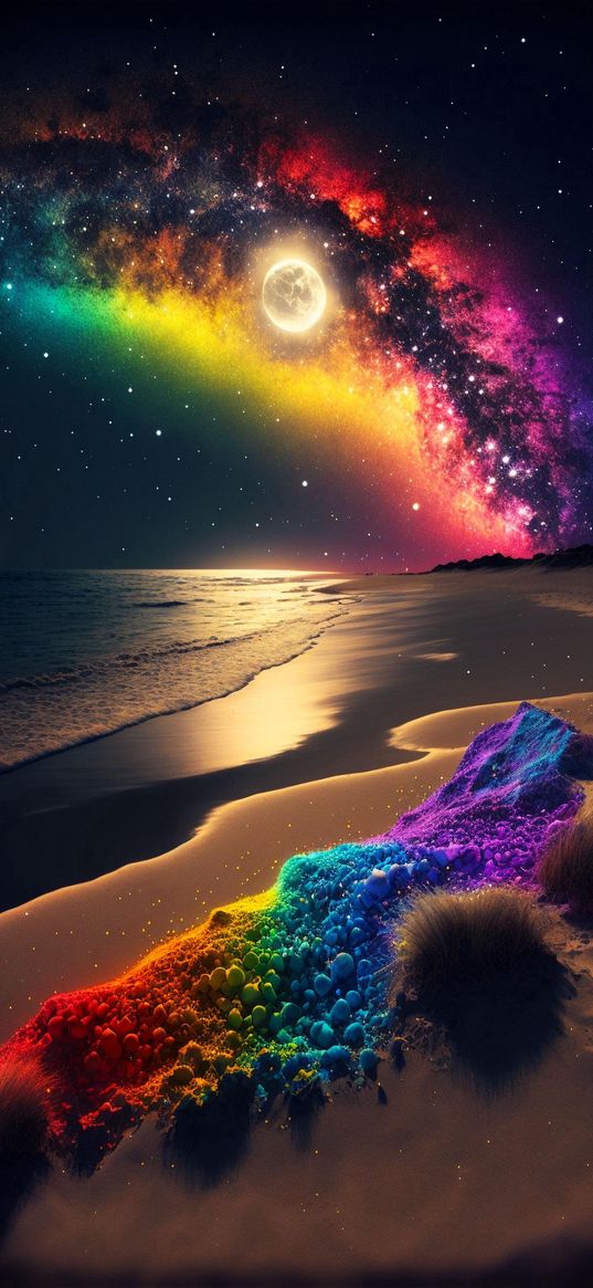 sand, beach, shore, sea, rainbow, milky way, starry sky, stars, moon, night, art, ai