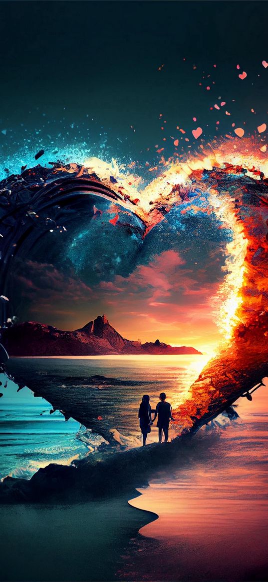 couple, love, romance, heart, sea, mountains, sunset, blue, red, art, ai