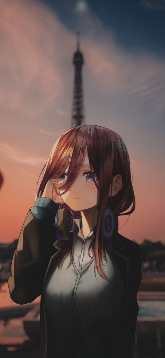 miku nakano, five brides, anime, character, headphones, eiffel tower