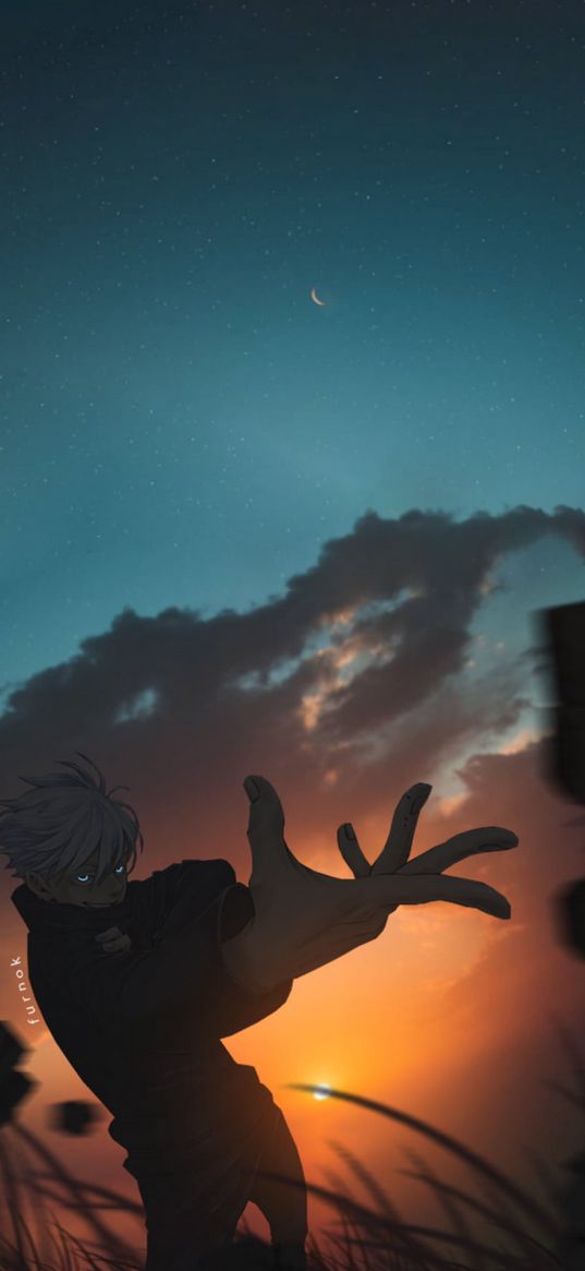 gojo satoru, jujutsu kaisen, anime, character, gesture, sunset