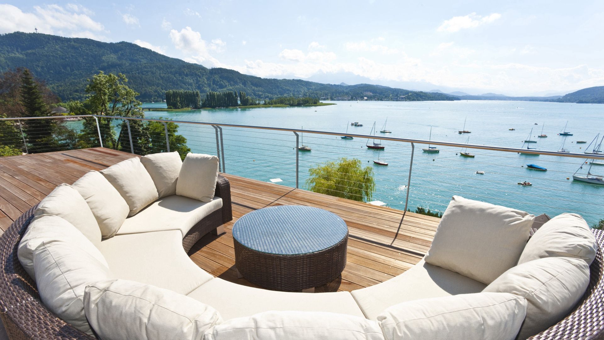 lake, terrace, balcony, view, mountains, recreation