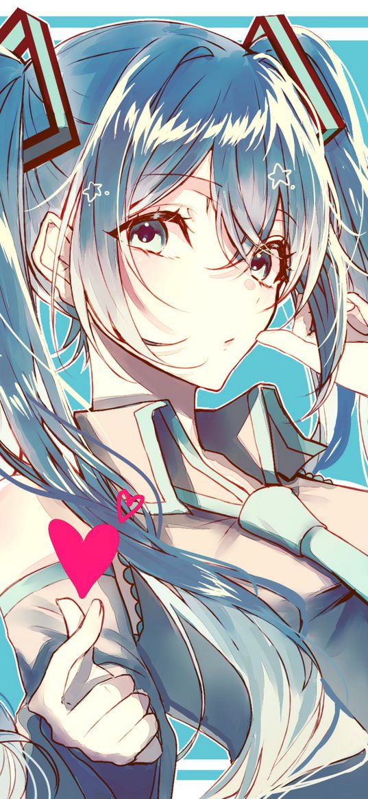 miku hatsune, girl, heart, gesture, anime, art