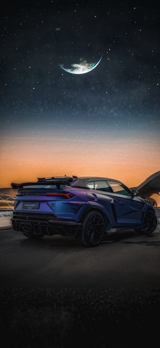 lamborghini, car, night sky, stars, planet, sunset