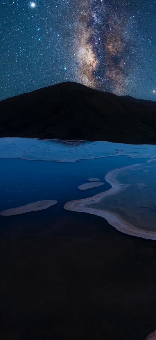 lake, mount, ice, starry sky, night, landscape