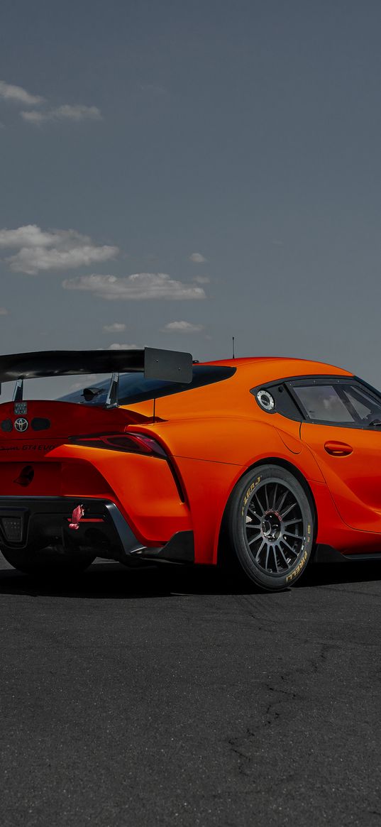 toyota gr supra, car, orange, spoiler, asphalt