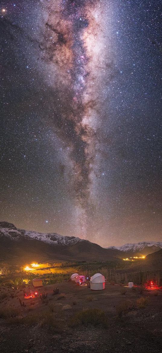 bushland, village, hills, valley, snow, lights, milky way, starry sky, nature, landscape