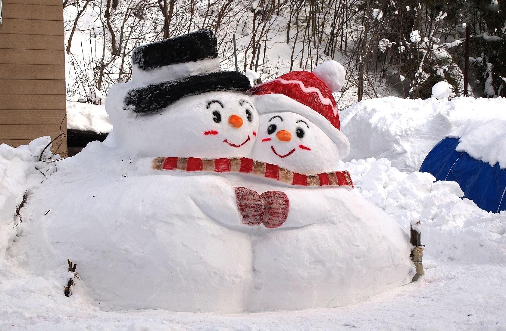 snowmen, snow, winter, embrace