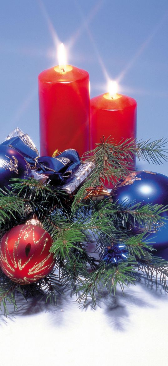 candles, balls, branch, bow-knot, pine needles