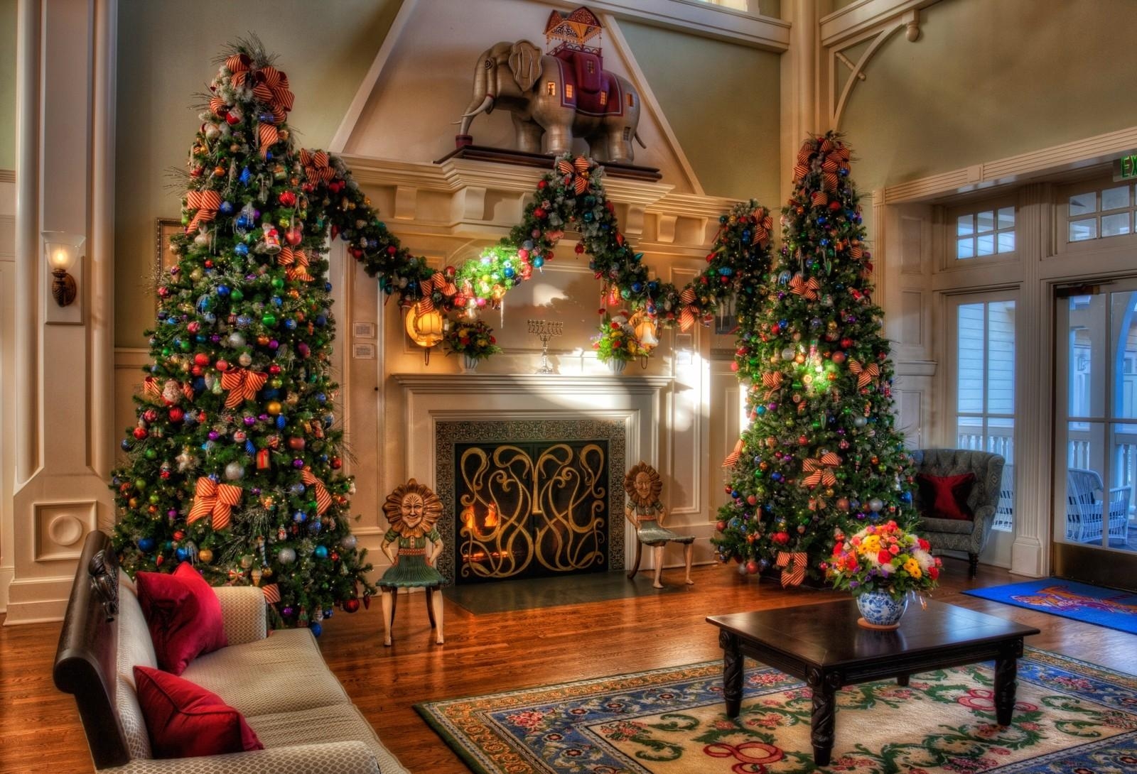 christmas trees, holiday, decorations, fireplace, home, comfort, interior