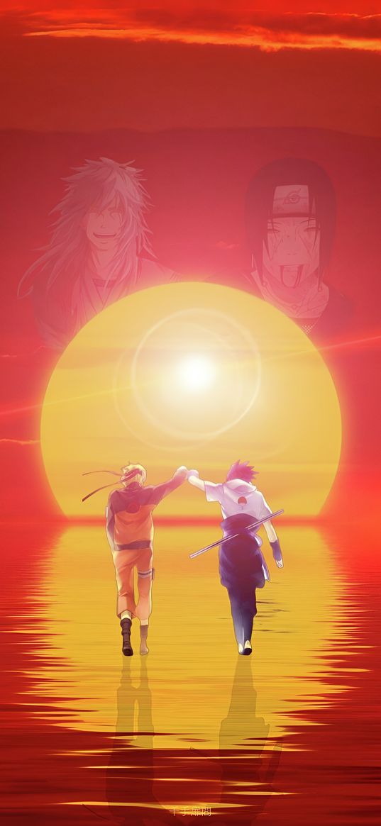 naruto, sunset, friends, water, art, anime