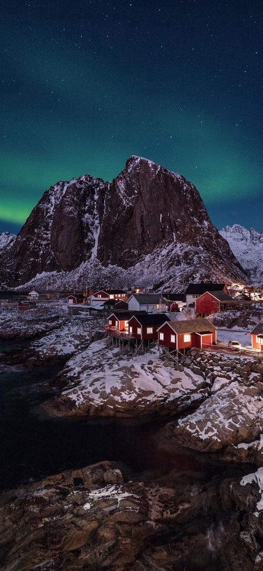 island, houses, snow, mount, winter, northern lights, iceland