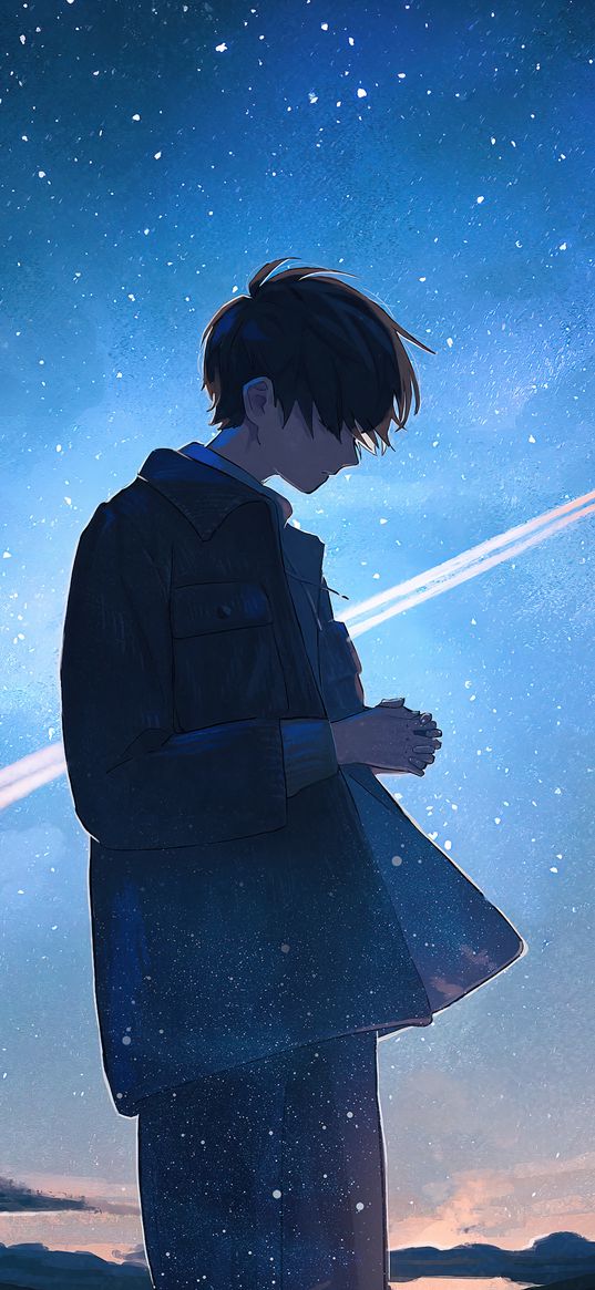 guy, sad, lonely, airplane, sunset, clouds, starry sky, stars, anime, art