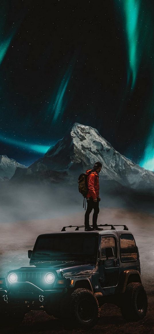 guy, jeep, suv, car, fog, mountains, northern lights, stars, night, nature