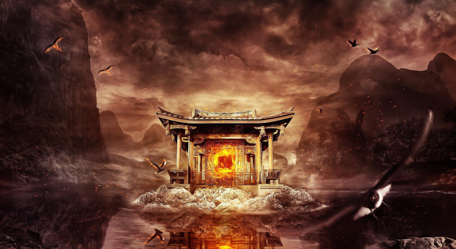 temple, fire, mountains, birds, flying, water