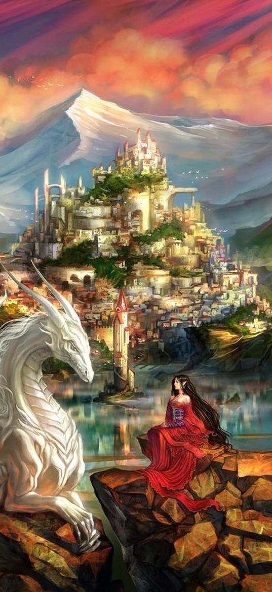 dragon, girl, elf, friendship, mountains, castle