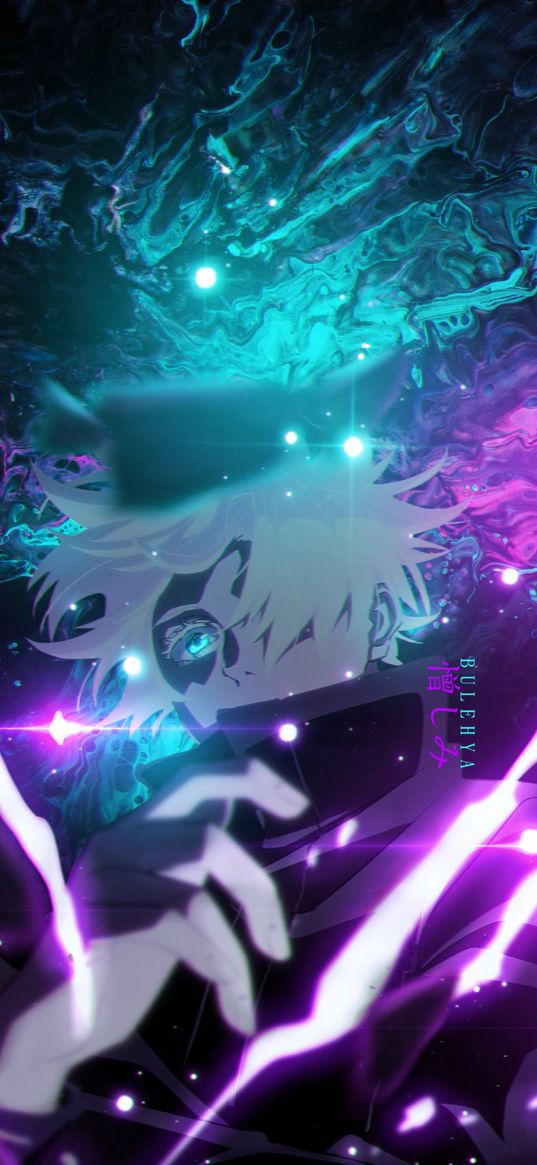 satoru gojo, jujutsu kaisen, anime, guy, glitter, magic, purple, turquoise, art