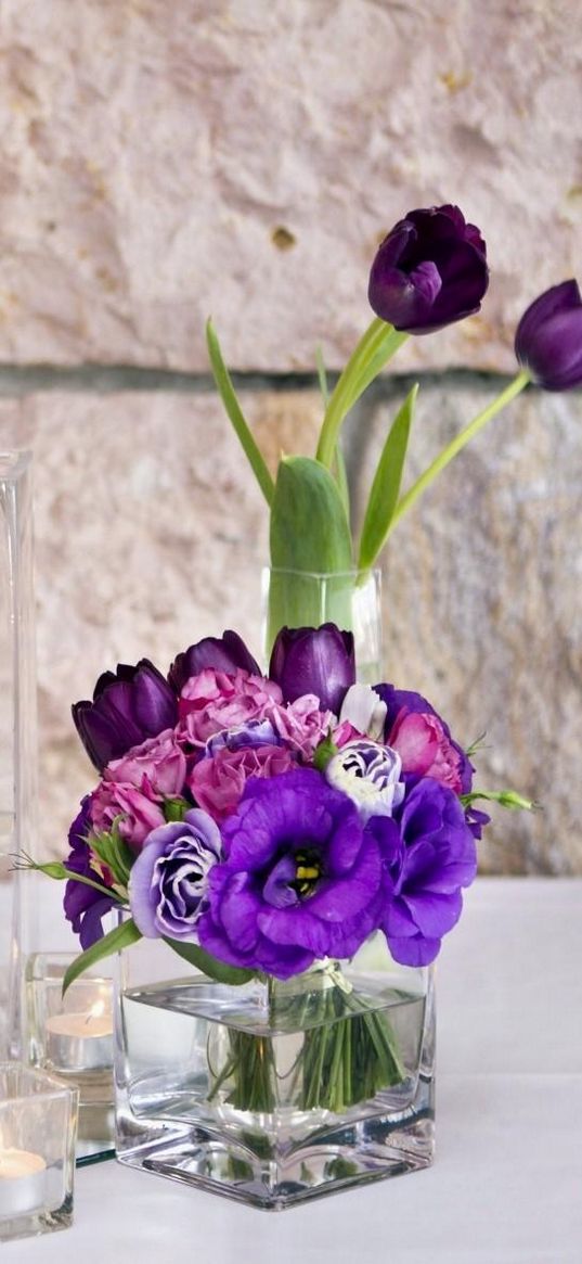 tulips, lisianthus russell, flowers, candles, beakers