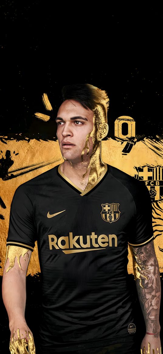 lautaro martinez, football player, barcelona, football, black, gold, art