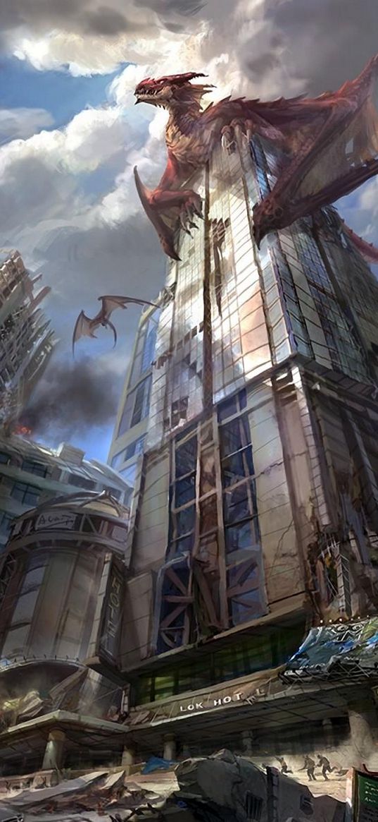 dragons, city, skyscrapers, destruction