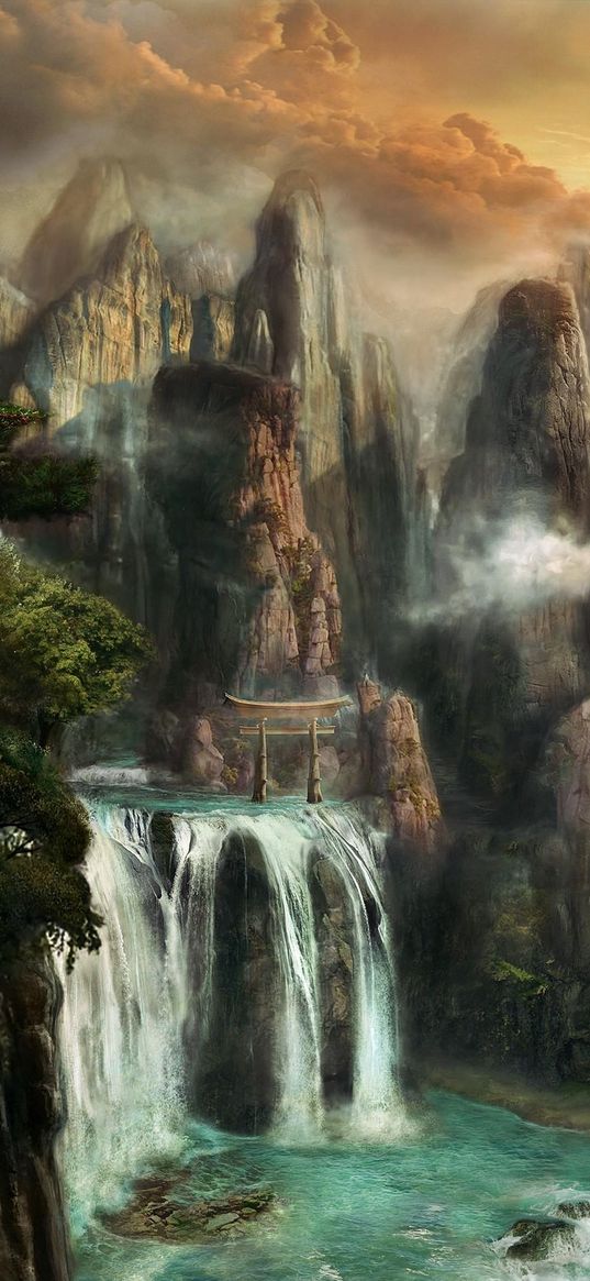 cliffs, waterfalls, mist, nature