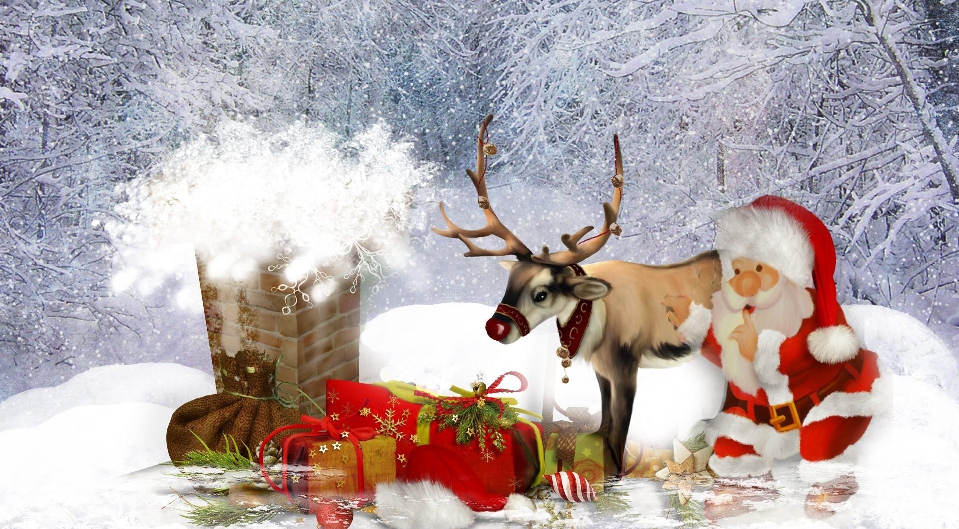 deer, santa claus, pipe, roof, gifts, christmas