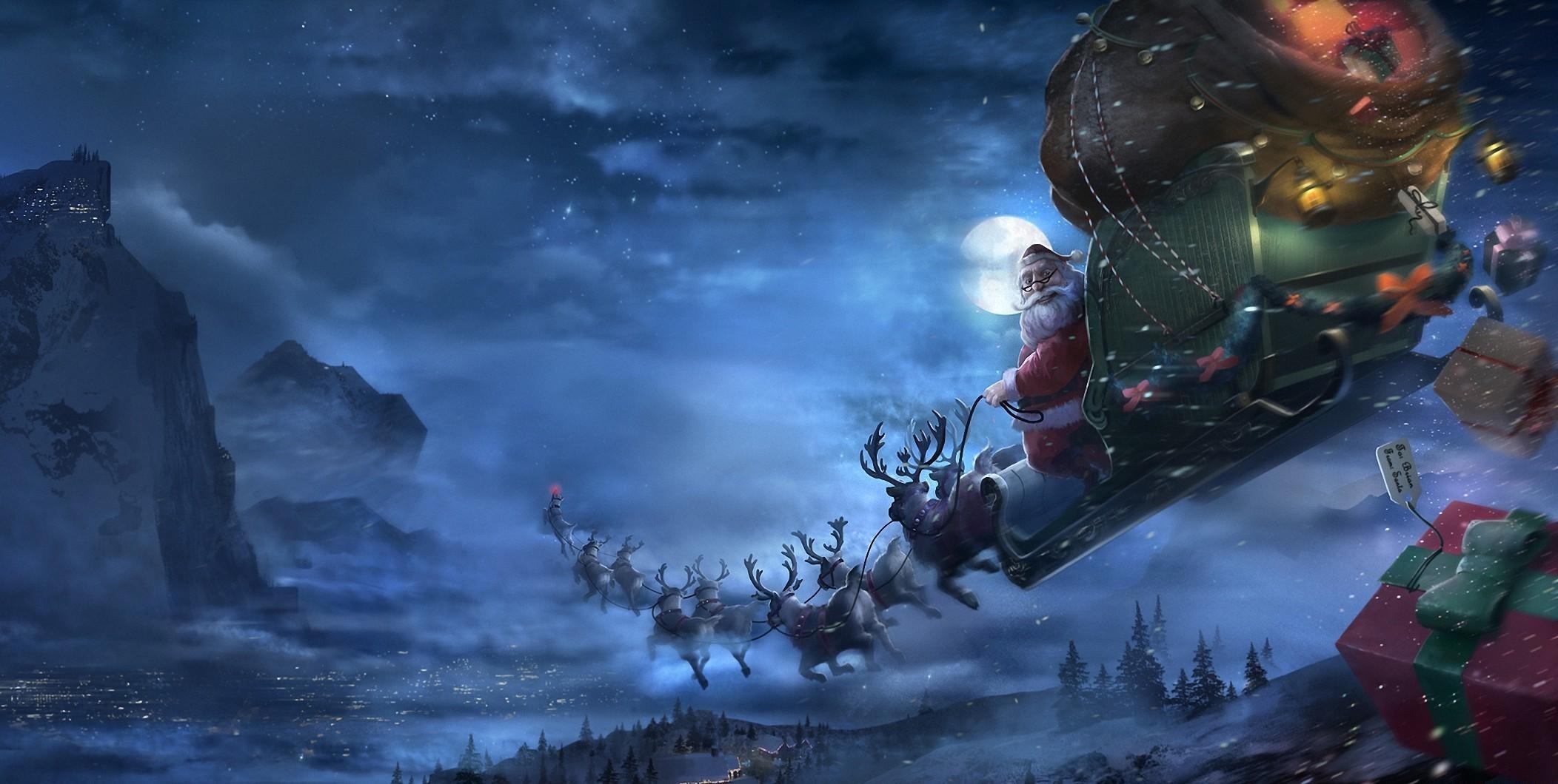 santa claus, reindeer, sleigh, flying, gifts, christmas