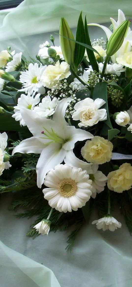 gerberas, carnations, lilies, gypsophila, composition, beautiful