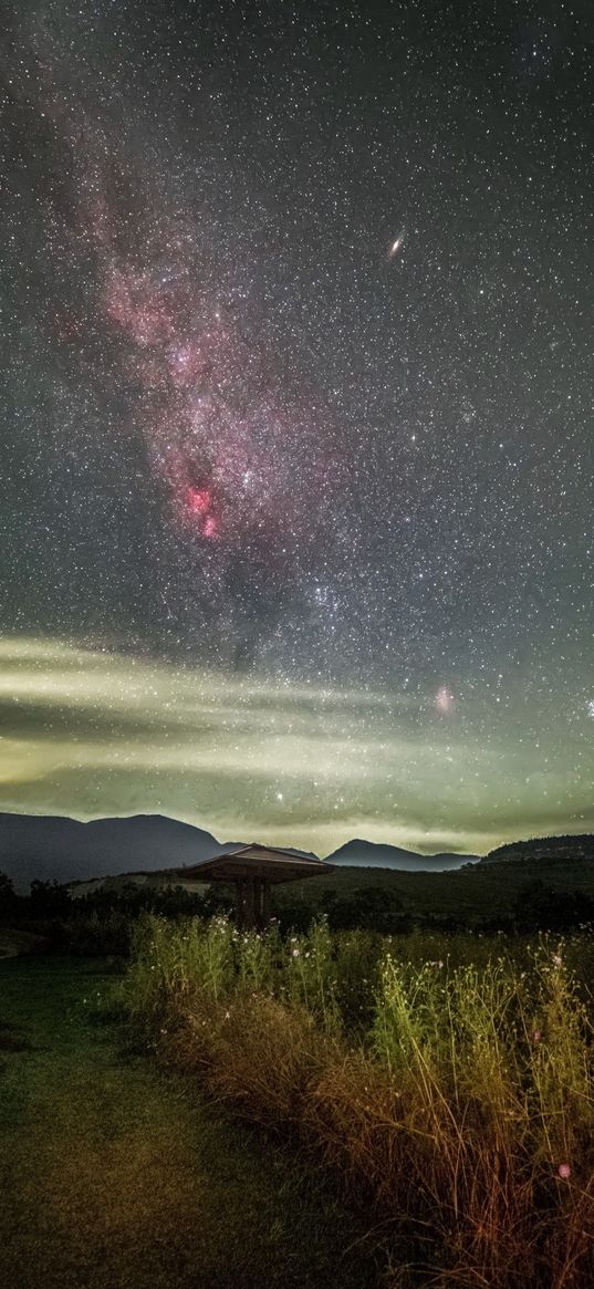 path, grass, field, well, hills, milky way, starry sky, stars, night, nature