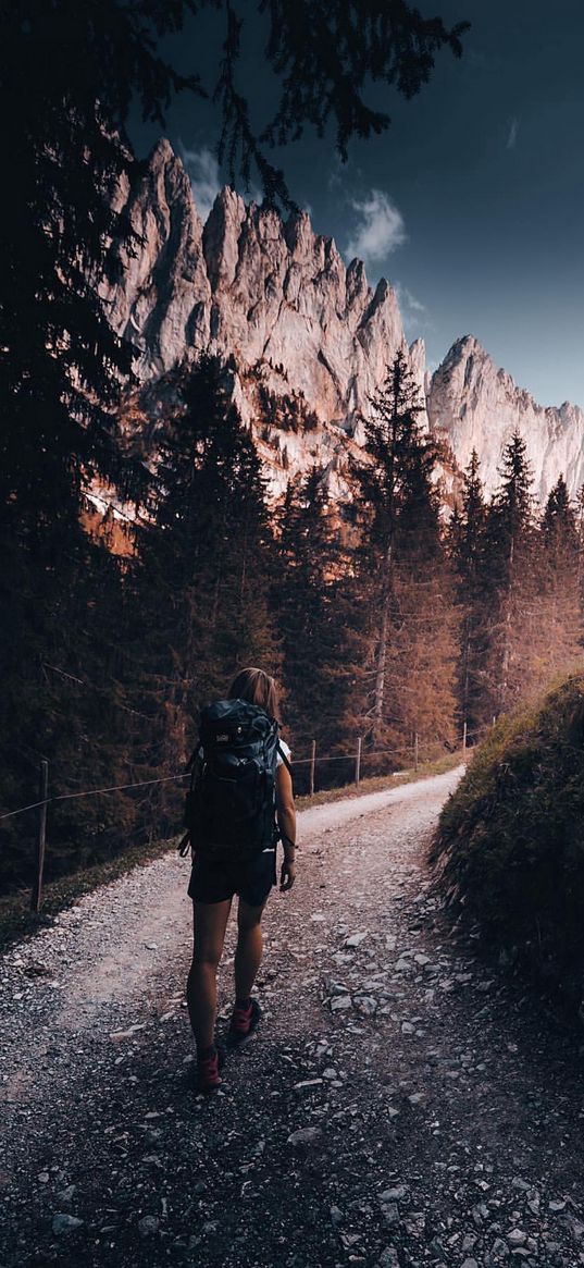 traveler, girl, hiking, path, trees, forest, mountains, sky, nature