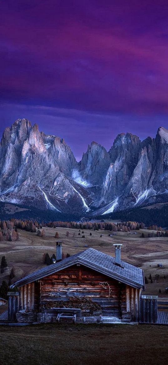 house, field, trees, hills, forest, mountains, clouds, purple sky, landscape, nature