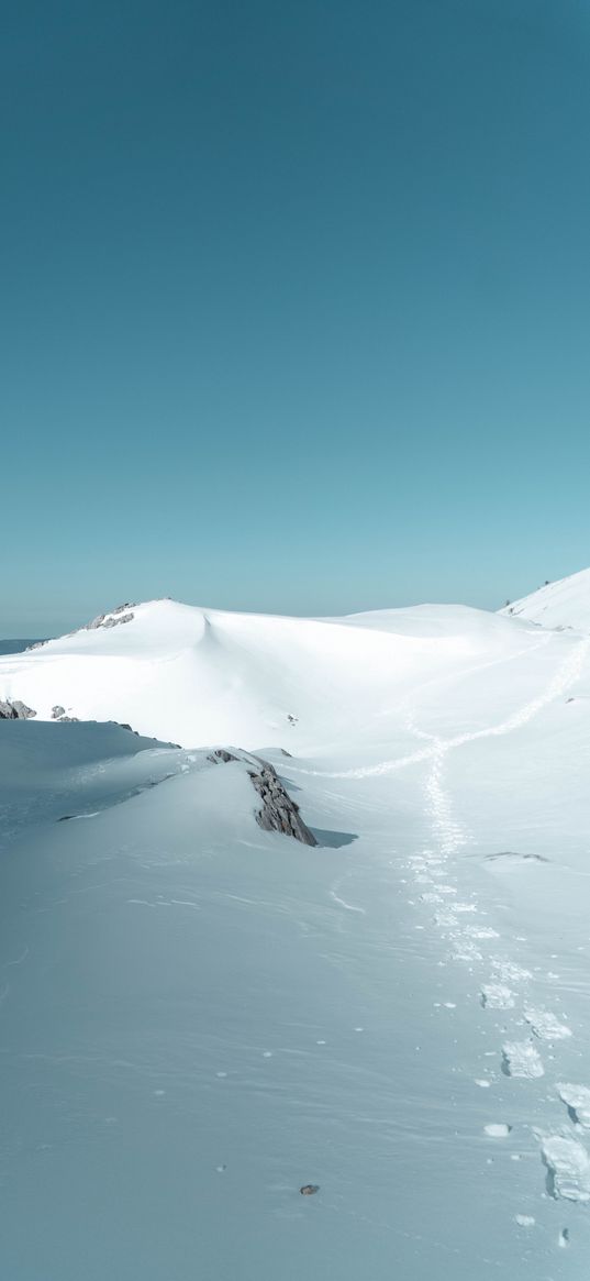 snow, hills, footprints, winter