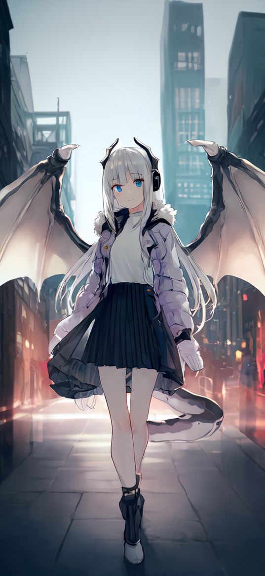 girl, horns, daemon, wings, anime