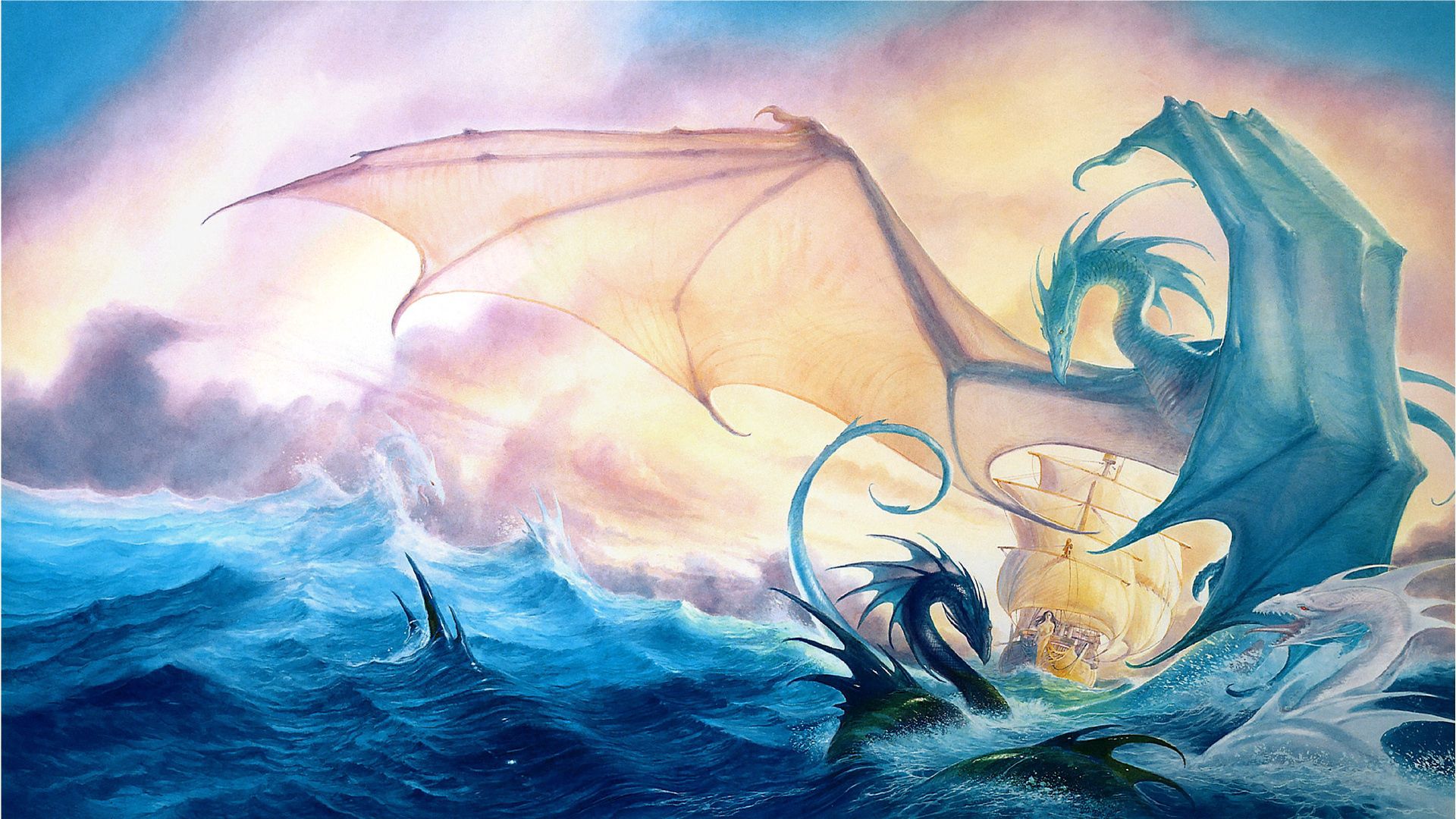 sea, waves, ship, dragons