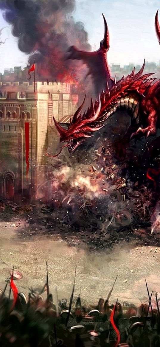 dragons, city, wall, destruction, soldiers, defense