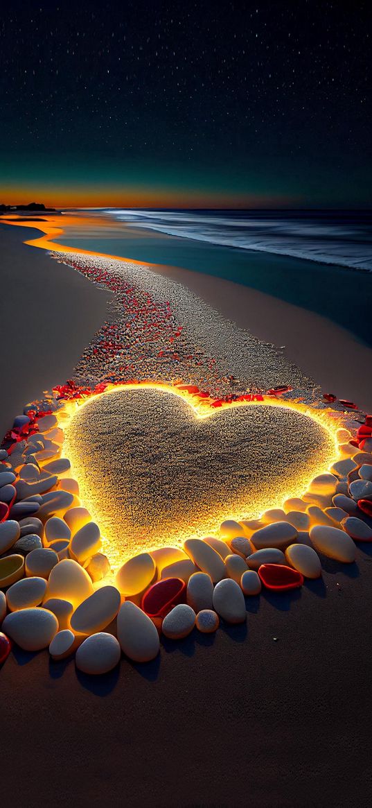 heart, stones, lights, sea, sand, night, romance