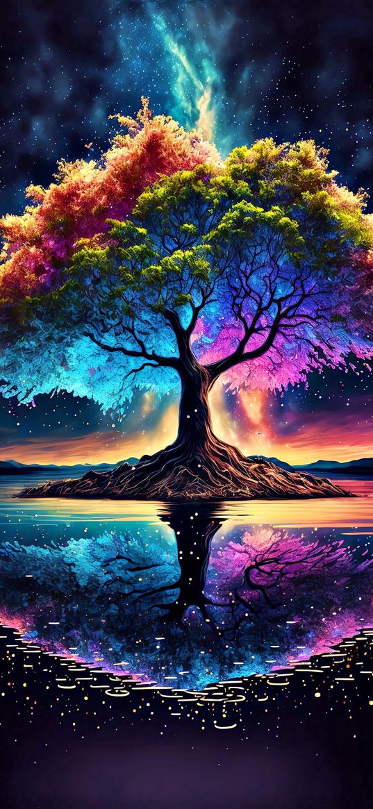 tree, stars, night, water, reflection, colors