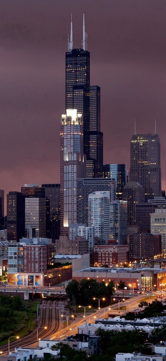 chicago, evening, city, buildings, skyscrapers