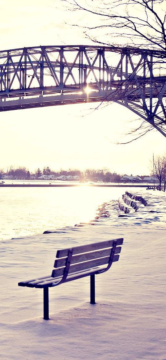 winter, bridges, beach, light, bench