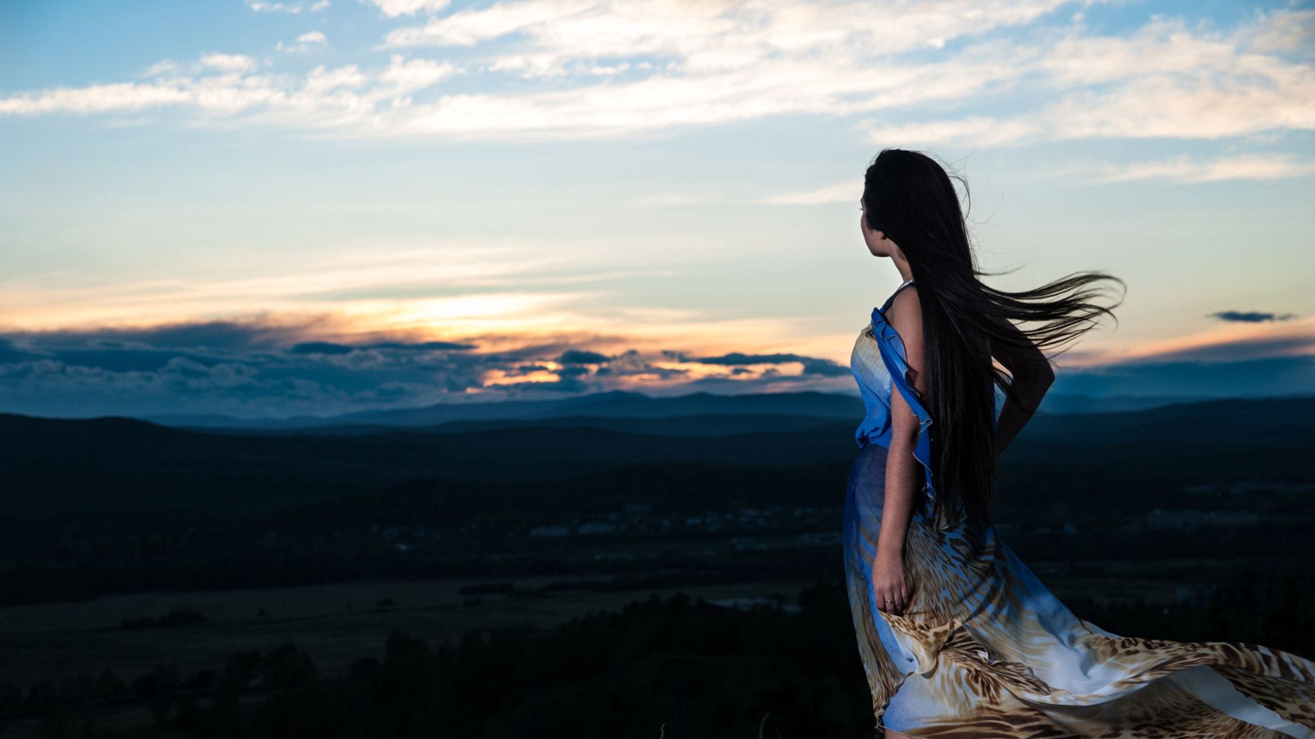 girl, dress, wind, sky, clouds