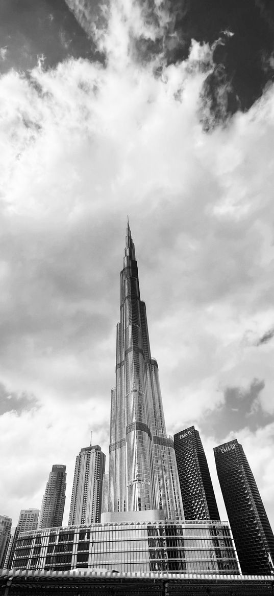 dubai, burj khalifa, building, houses, sky, clouds, black and white