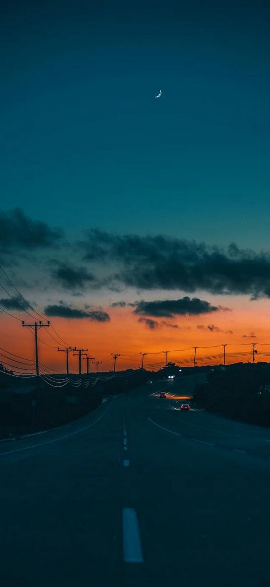 road, cars, electric pole, sunset, clouds, blue sky, moon